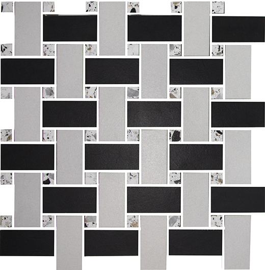 Chroma Star Black Matte 1 3/8"x3" Basketweave Mosaic Chroma B/W with Melange White Dot | Color Body Porcelain | Floor/Wall Mosaic