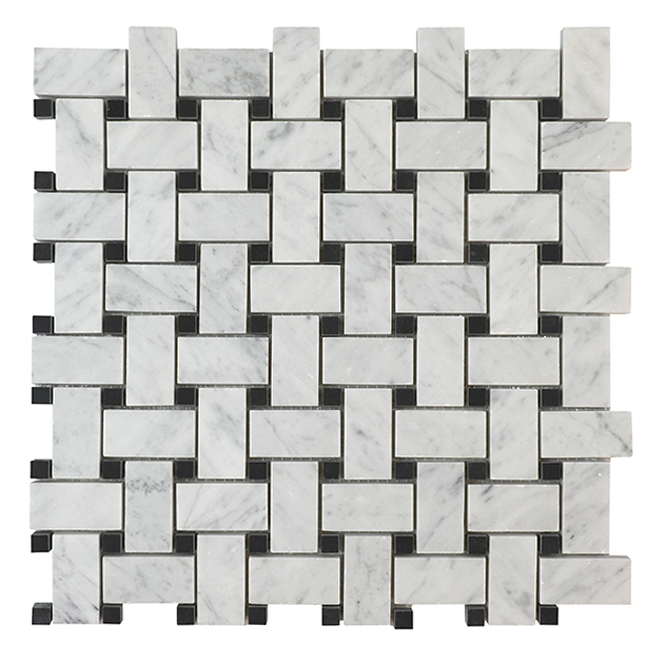 Bianco Carrara Bianco Carrara Polished Basketweave w/Black Mosaic | Marble | Floor/Wall Mosaic